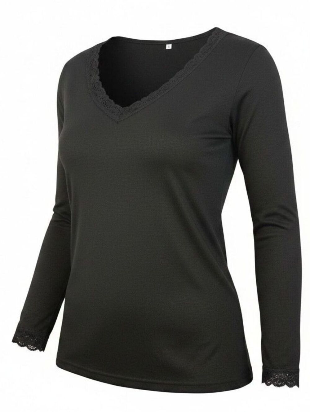 Black Long Sleeve V-Neck Lace Trim Shirt Size XL